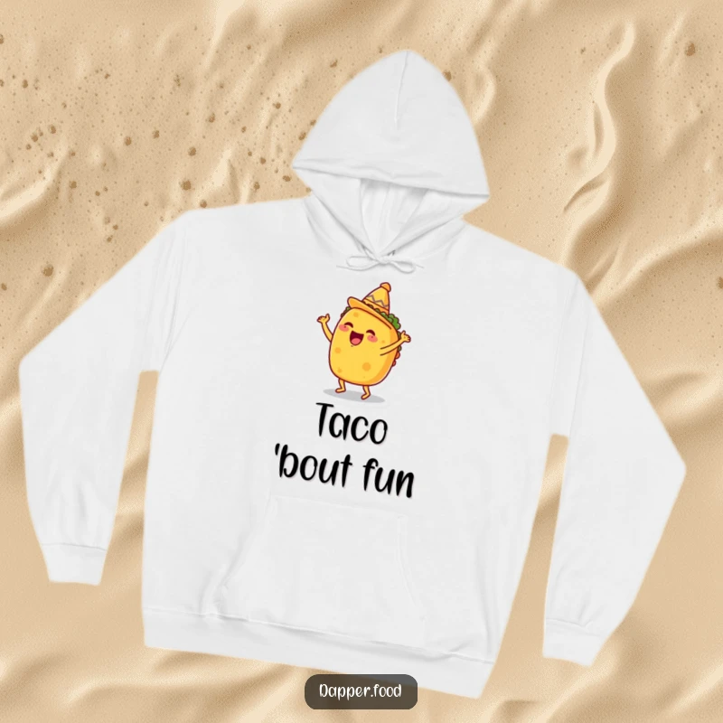 Funny Taco Hoodie, doing a happy dance with a tiny sombrero, offering warm and humorous fiesta comfort.