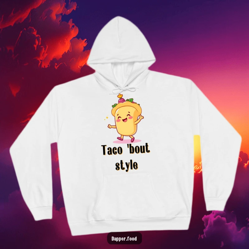 Funny hoodie featuring a smiling taco character in a joyful dance pose with tiny castanets, embodying celebration and deliciousness.