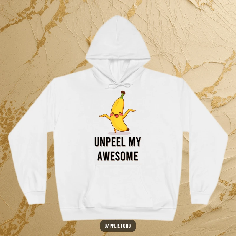 Funny giggling banana character doing a cartwheel, on a soft hoodie, exuding playful energy.