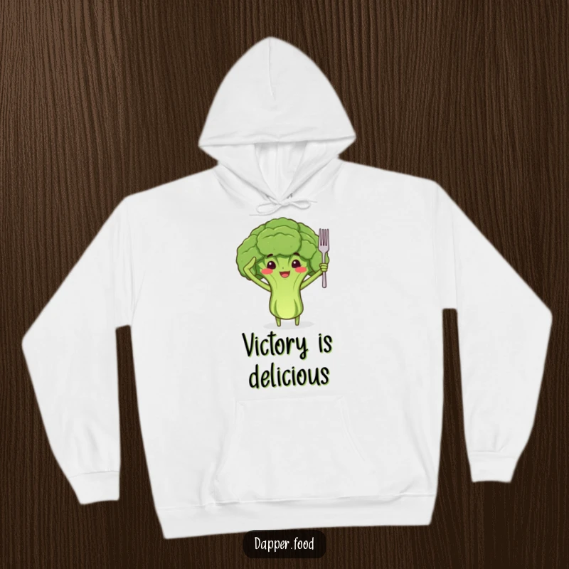 Funny hoodie with a proud broccoli floret character with arms, saluting with a tiny fork, offering cozy, healthy humor.
