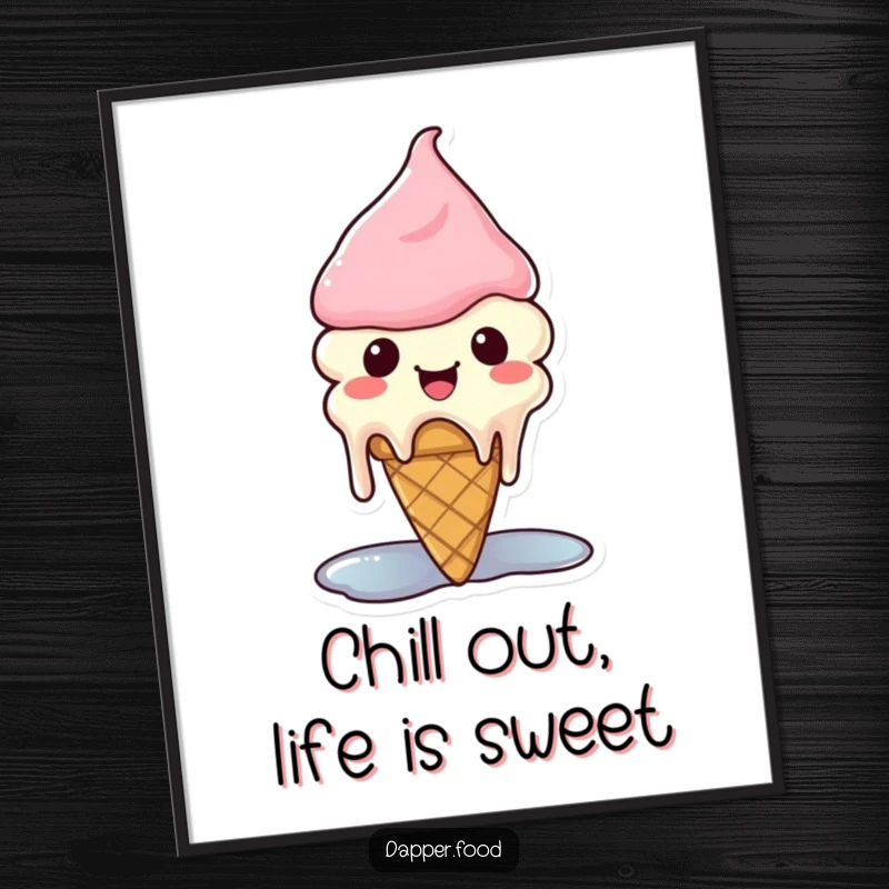 Funny Free Printable Wall Art: A melting Kawaii ice cream cone dripping slightly with pure happiness, radiating joyful vibes.