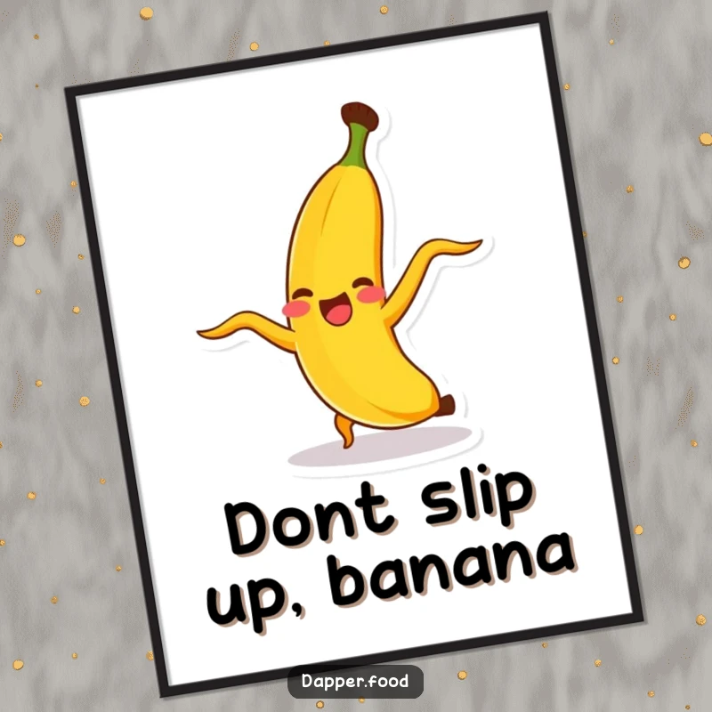 Funny Free Printable Wall Art: Giggling banana character doing a cartwheel, peel flying, energetic and humorous decor download.