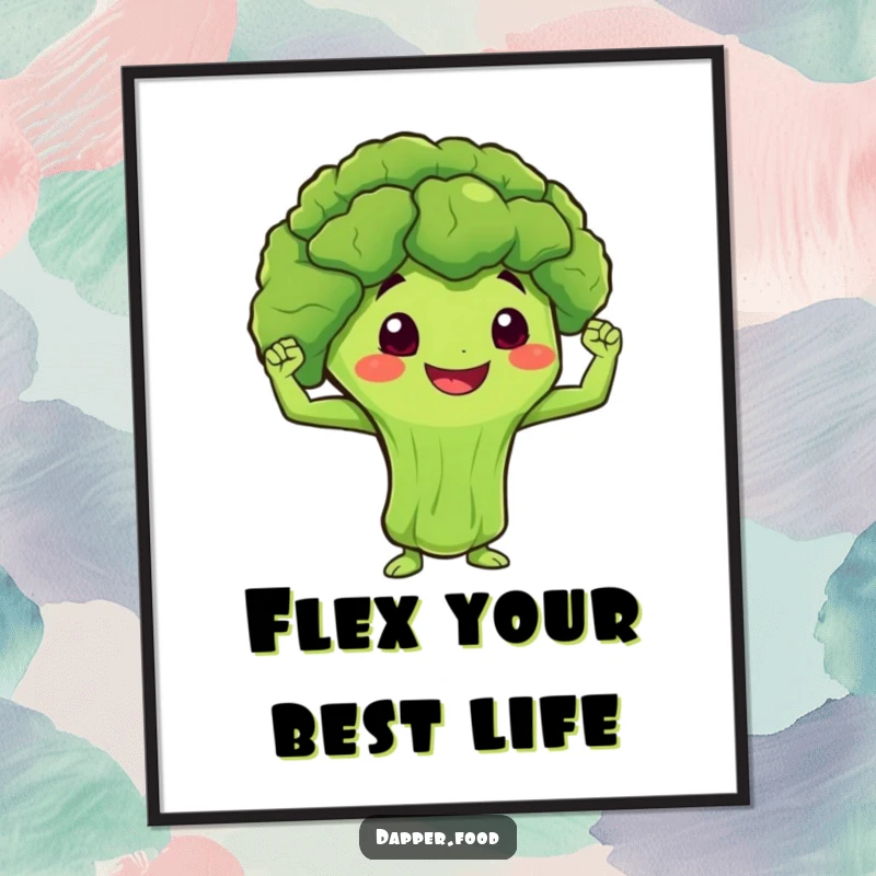Funny Free Printable Wall Art: A smiling broccoli flexing its miniature muscles powerfully.