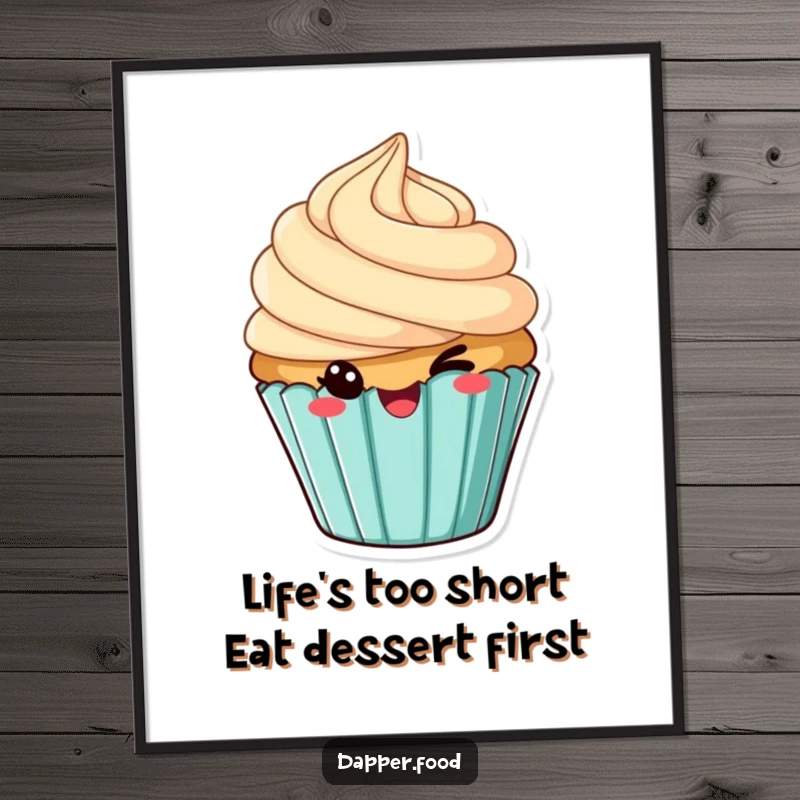 Funny Free Printable Wall Art: Cheeky cupcake with tilted frosting winking mischievously, ready to hang.