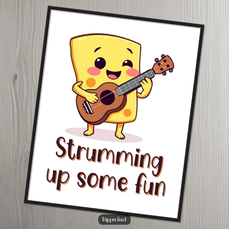 Funny Free Printable smiling cheese slice character enthusiastically playing a miniature ukulele. DIY downloadable decor.