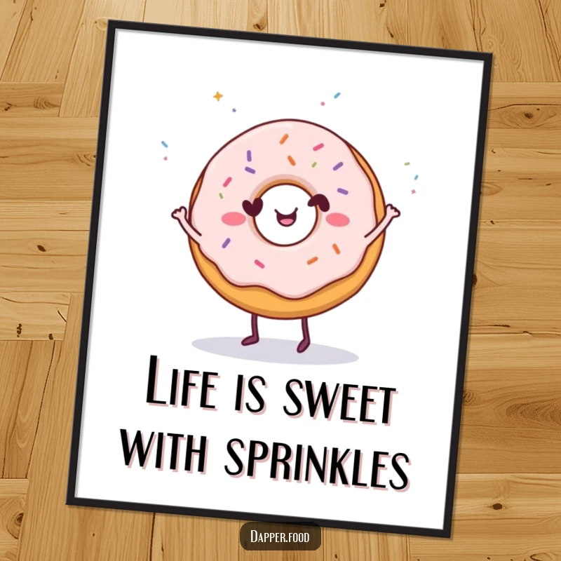 Funny Free Printable happy donut character dancing with tiny sprinkles showering down. DIY downloadable decor.