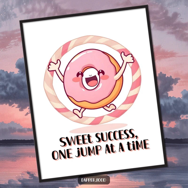 Funny Free Printable Donut Wall Art, a gleeful donut mid-jump through a candy hoop, bringing a splash of sweet, whimsical energy to the decor.