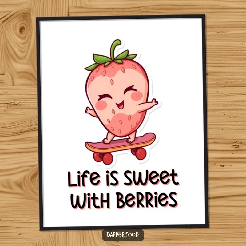Funny Free Printable Wall Art: A winking strawberry character riding a tiny skateboard, exuding cool and playful vibes.