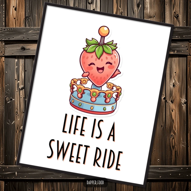 Funny Free Printable Wall Art: A strawberry character winking and spinning happily on a merry-go-round.