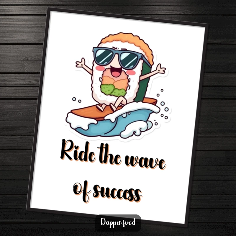 Funny Free Printable Wall Art: A sushi roll character surfing a wave with sunglasses.