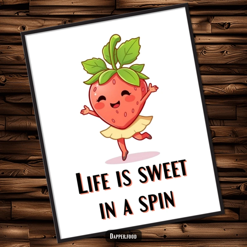 Funny Free Printable wall art: A happy anthropomorphic strawberry character doing a ballet twirl with its leaves, full of artistic flair.