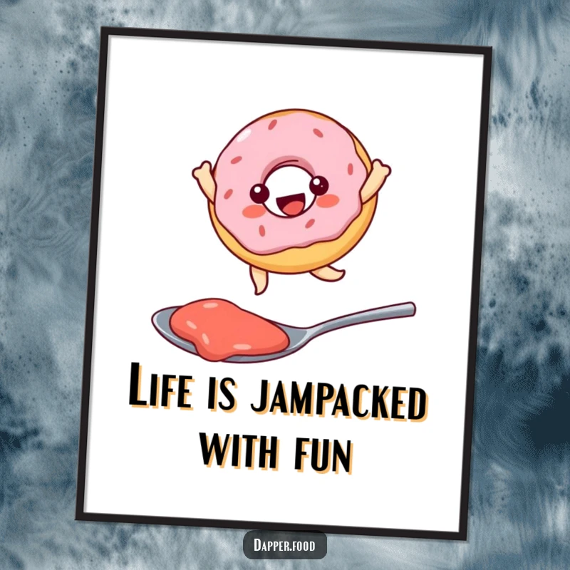 Funny free printable wall art: A Kawaii donut character joyfully soaring over a small spoon filled with glistening red jam.