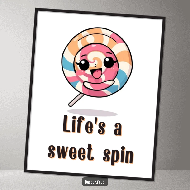 Funny Free Printable Wall Art: Energetic kawaii lollipop spinning rapidly with a happy expression, vibrant decor.