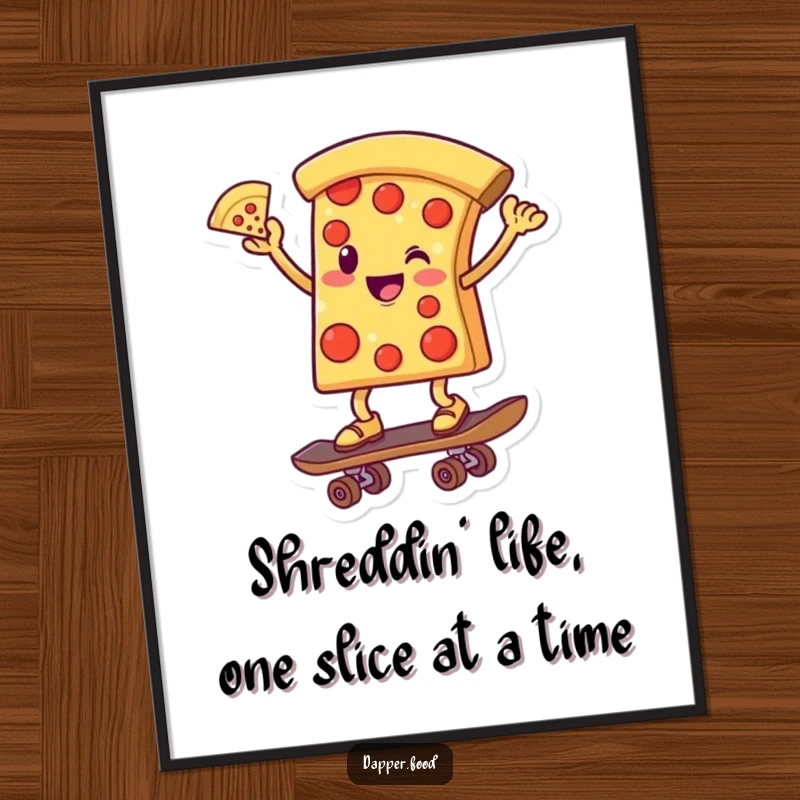 Funny Free Printable Wall Art: Pizza slice character balancing on a skateboard, one slice extended upwards, stylish decor.