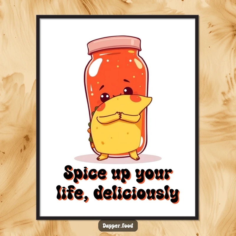 Funny free printable wall art: A taco in a loving hug with a giant jar of salsa, whimsical illustration.