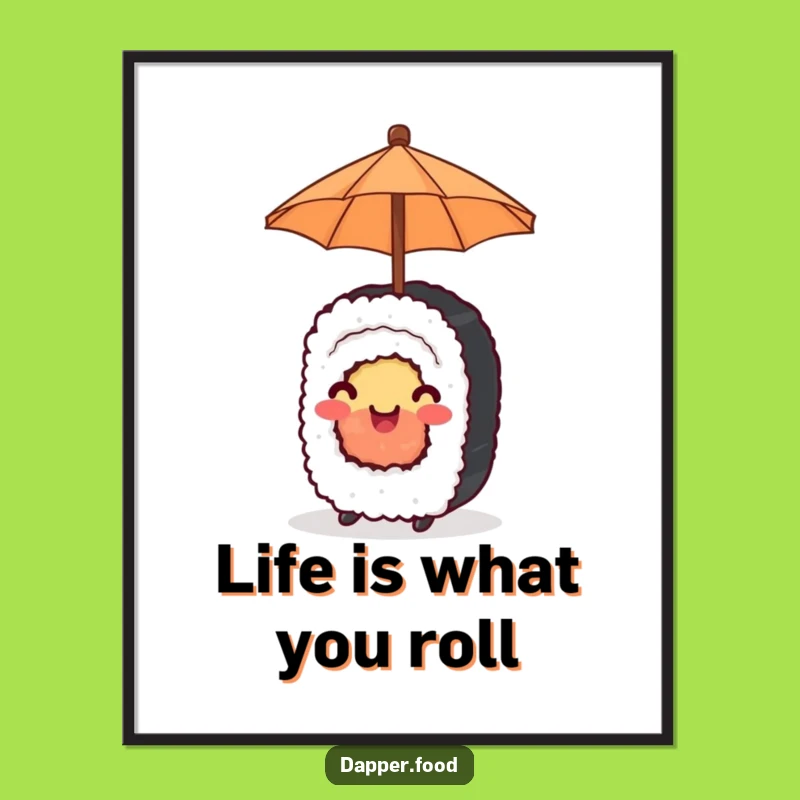 Free Printable Wall Art: Happy Sushi Roll with Umbrella Downloadable Funny Decor