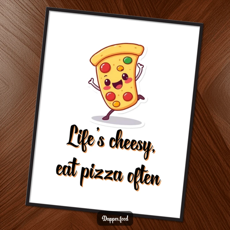 Funny free printable wall art featuring a happy pizza character attempting a wobbly cartwheel, toppings flying everywhere.