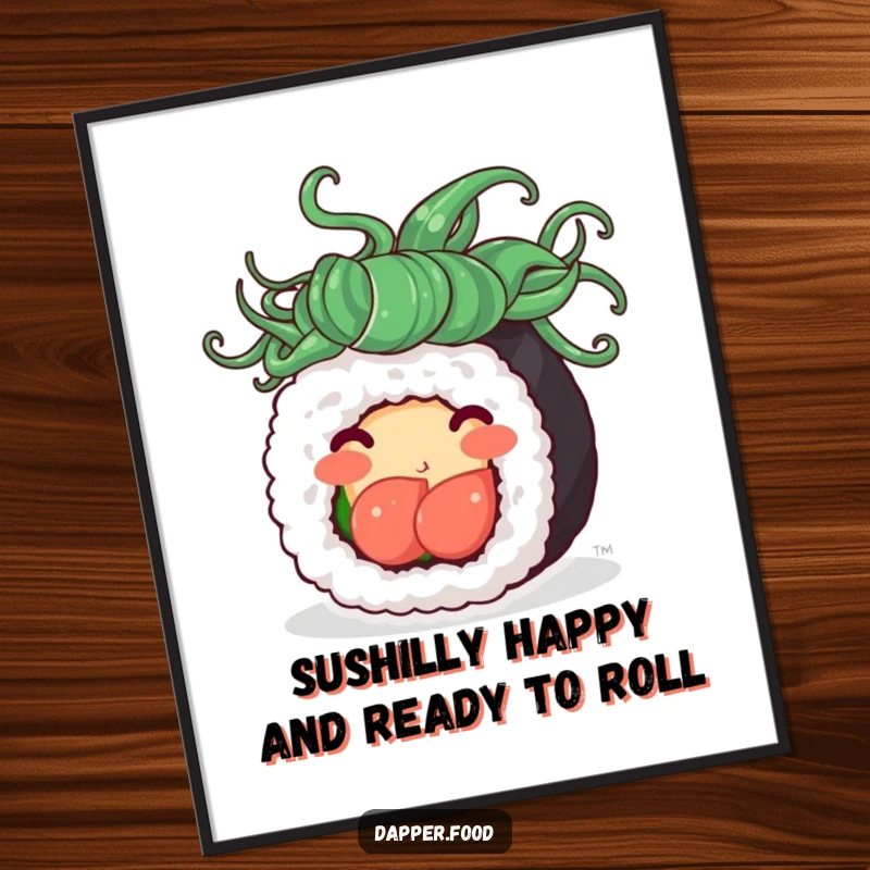 Funny Free Printable Wall Art: A playful sushi roll with seaweed hair spinning ecstatically with pure delight.
