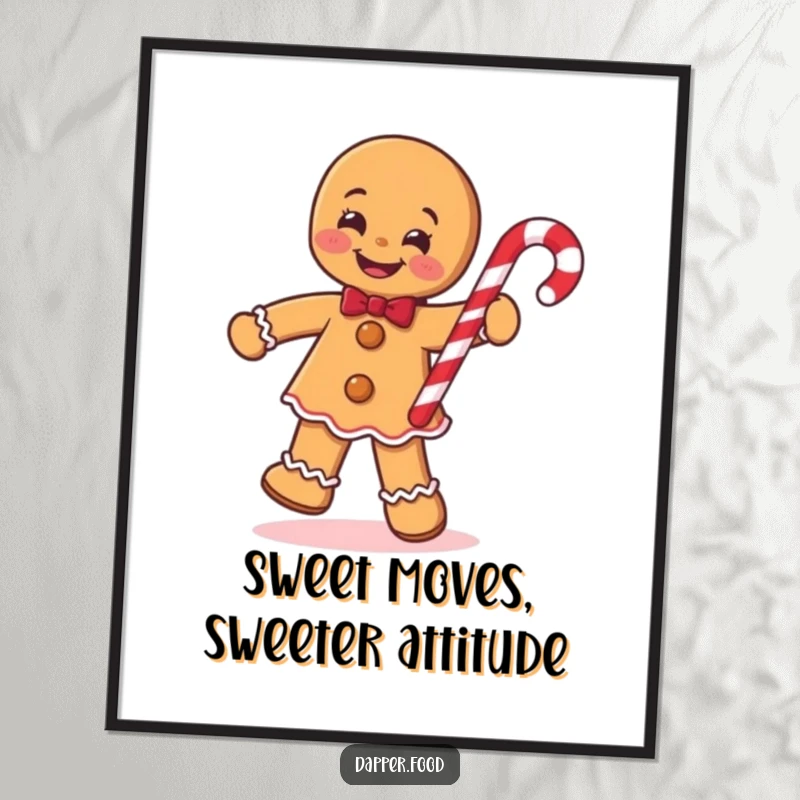 Funny free printable wall art of a smiling gingerbread man energetically doing a jig while holding a colorful candy cane.