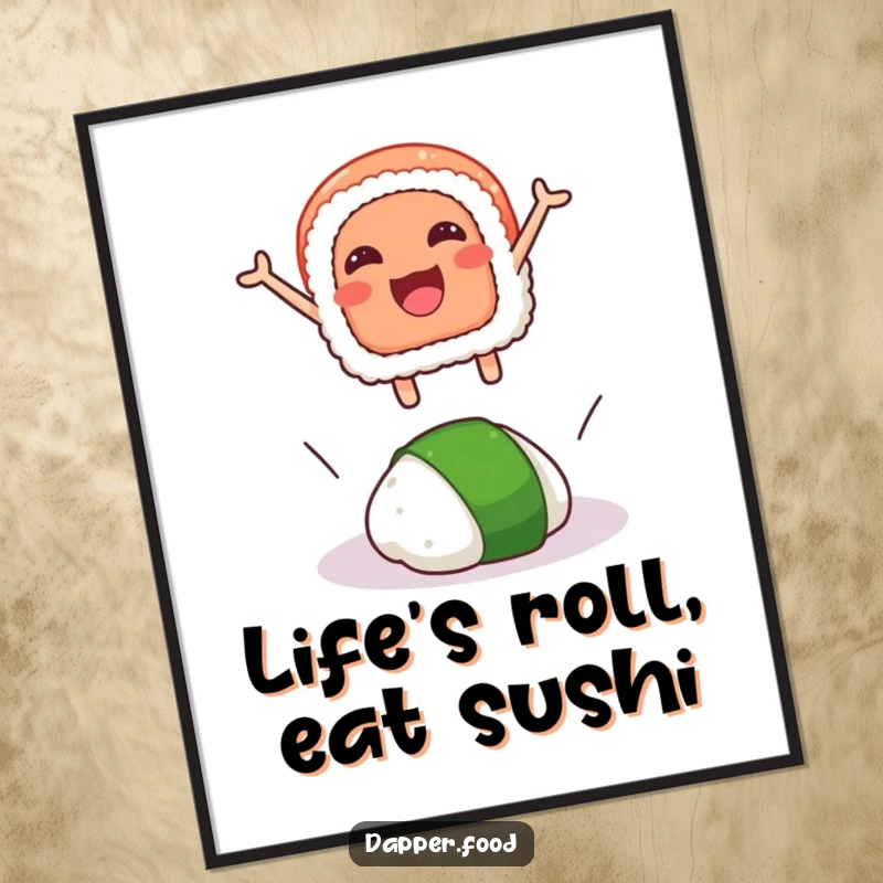 Funny free printable wall art depicting a joyful sushi slice doing a high jump over a rogue wasabi dollop.