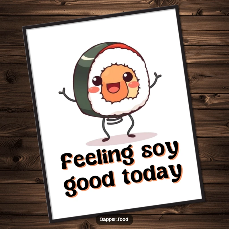 Funny Free Printable Wall Art: A smiling sushi roll happily bouncing up and down on tiny spring legs.