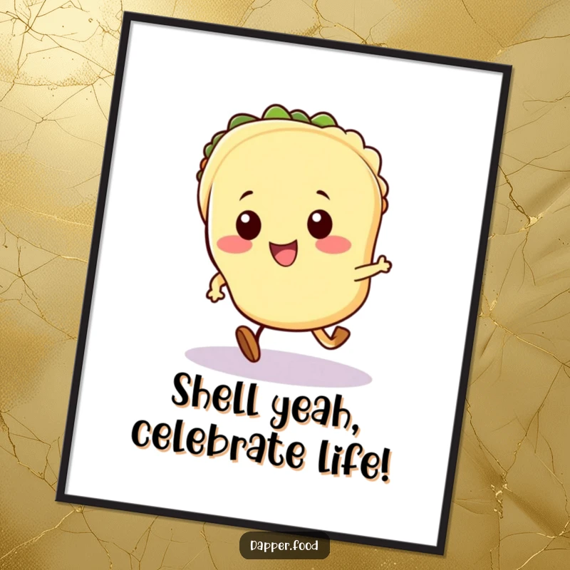 Funny Free Printable Wall Art: A hyper Kawaii taco with visibly excited tiny legs, captured mid-run, bringing energetic and humorous vibes.