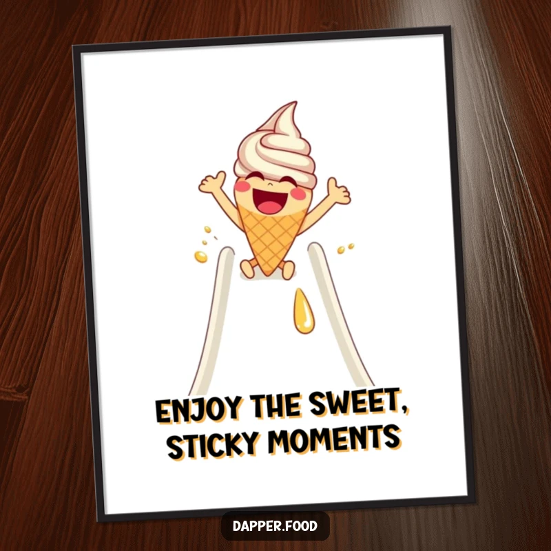 Funny free printable wall art: a laughing ice cream cone with arms excitedly slides down a rich syrup slide, capturing pure frozen delight.