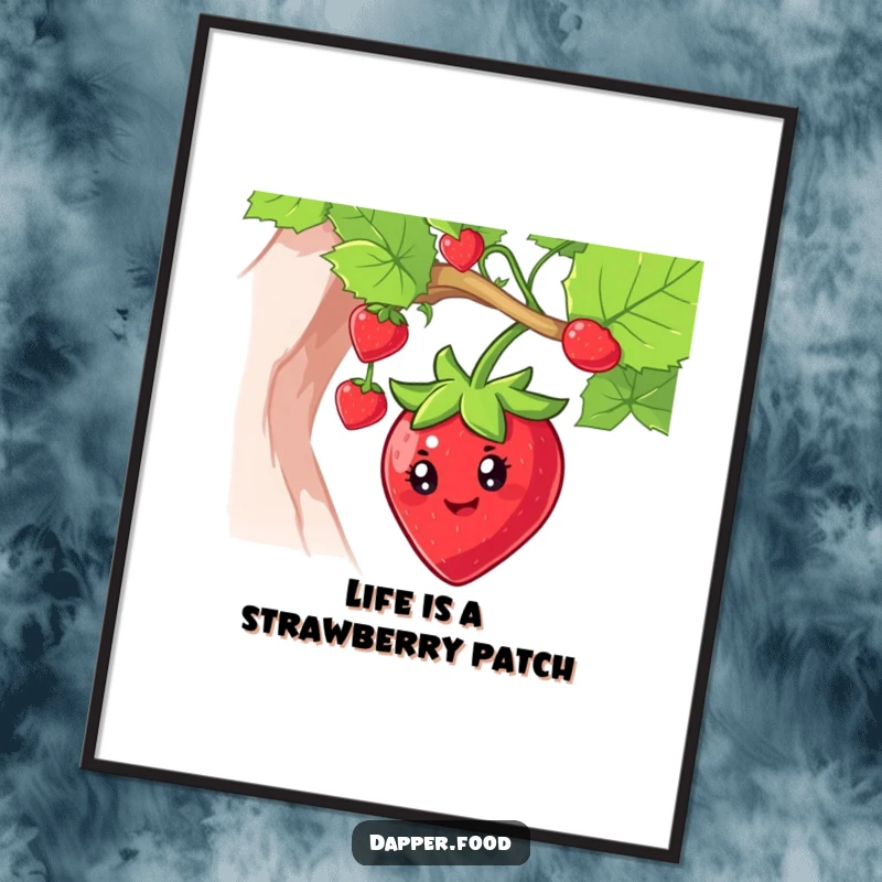 Funny Free Printable Wall Art: Smiling anthropomorphic strawberry swinging from vine, bright eyes, digital art
