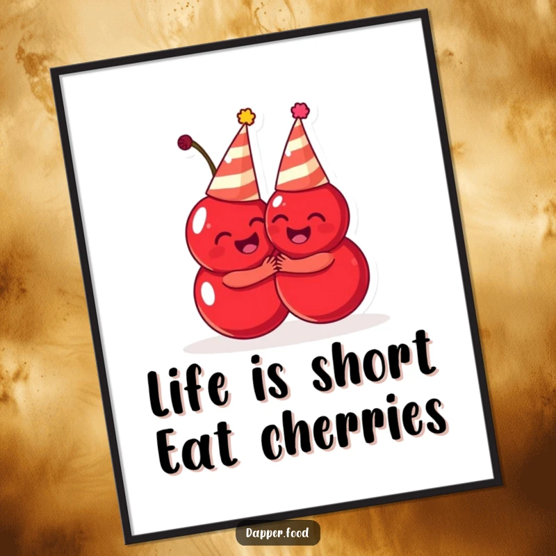 Funny Free Printable Wall Art: Two delighted cherries wearing small party hats, embracing in a happy hug.