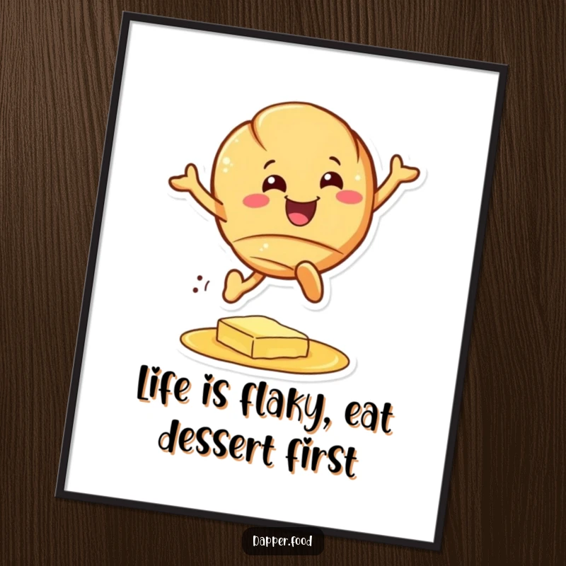 Funny Free Printable Wall Art: A cheerful croissant with a huge grin leaping over a puddle of butter.