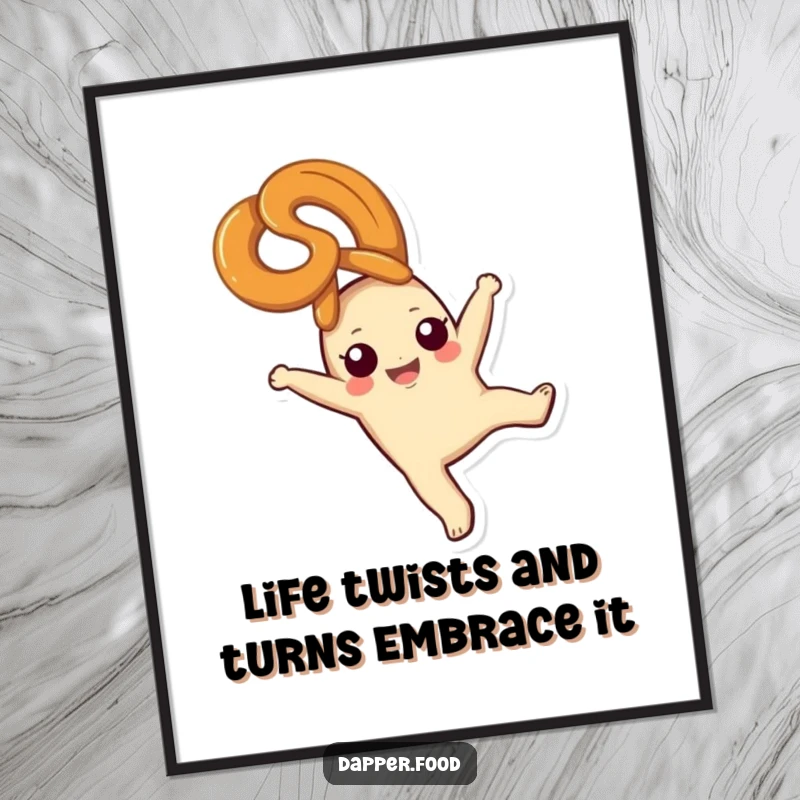 Funny Free Printable Wall Art: A happy pretzel character in mid-cartwheel, looking utterly blissful and energetic.