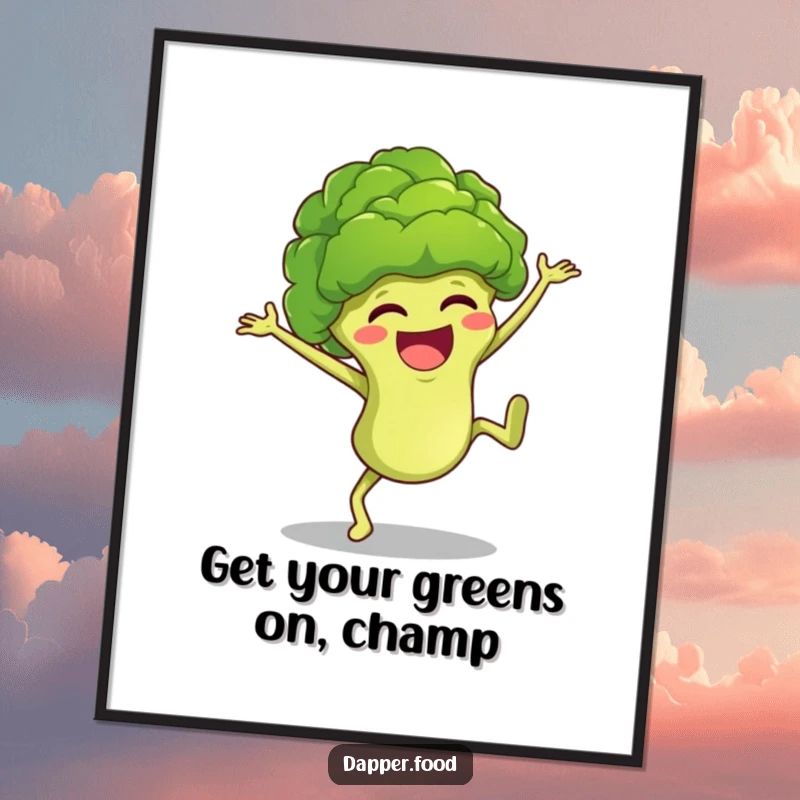 Funny Free Printable Wall Art: A giggling anthropomorphic broccoli floret mid-cartwheel, symbolizing boundless happiness and playful energy.