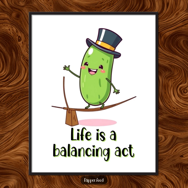 Funny Free Printable Wall Art: A dapper pickle character in a top hat wobbling precariously while tightrope walking.