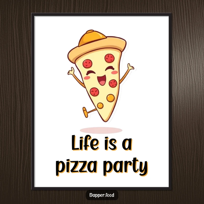 Funny Free Printable Wall Art: A winking pizza slice character with a jaunty hat, giving a thumbs up. Cheesy downloadable decor.