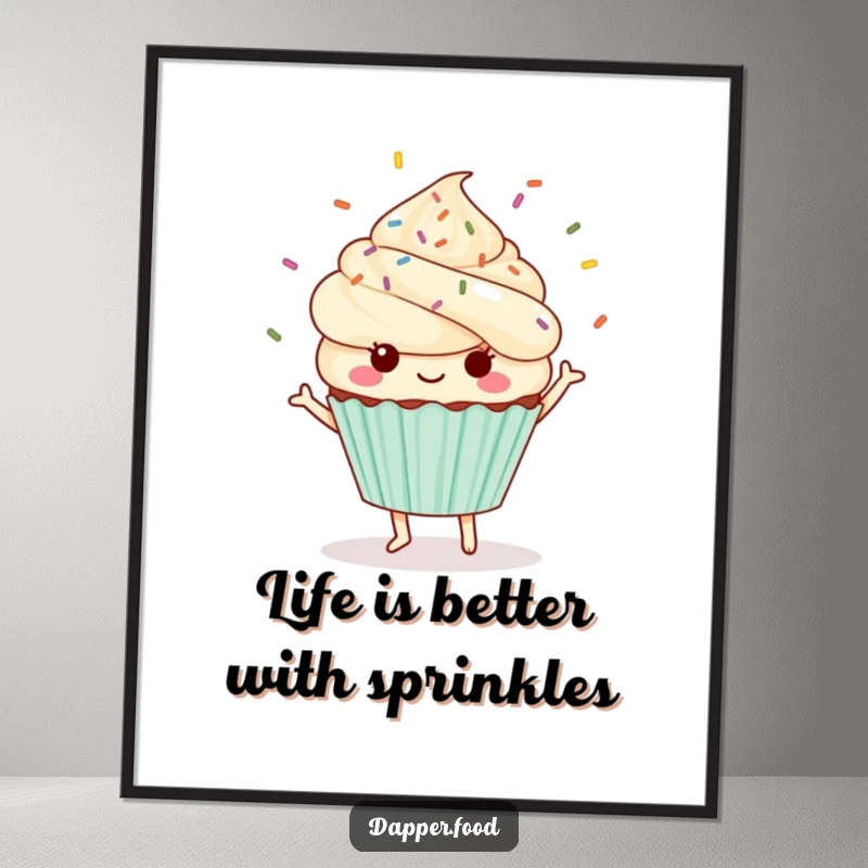 Funny Free Printable Wall Art: A vibrant Kawaii cupcake doing a lively dance with a shower of colourful sprinkles, full of fun.