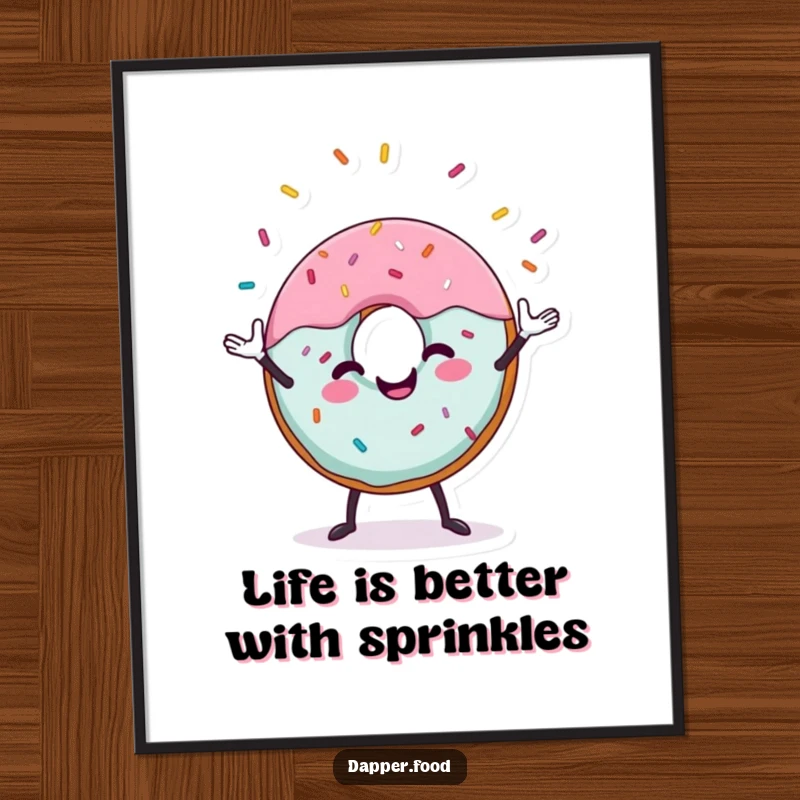 Funny Free Printable Wall Art: A cheerful donut character juggling sprinkles, creating a whimsical and sweet food art piece.