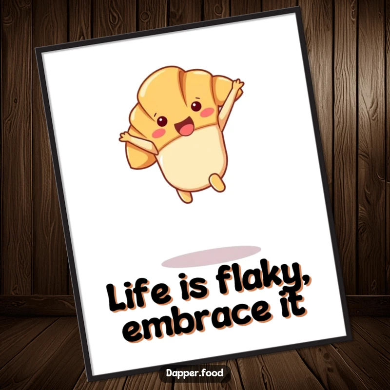 Funny Free Printable Wall Art: Joyful Kawaii croissant character performing an energetic cartwheel in mid-air.