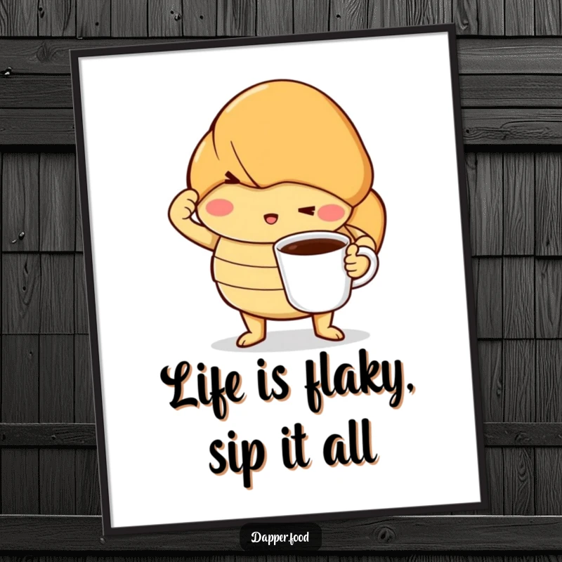 Funny Free Printable Wall Art: A determined croissant striking a theatrical pose with a miniature coffee cup.