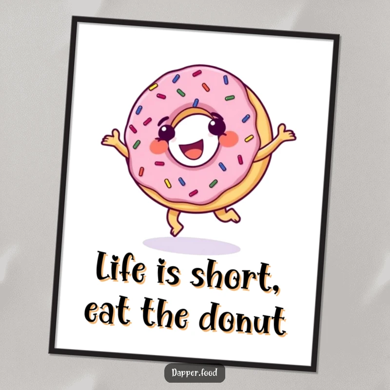 Funny free printable wall art of a grinning donut covered in sprinkles, gleefully performing a cartwheel with pure delight.