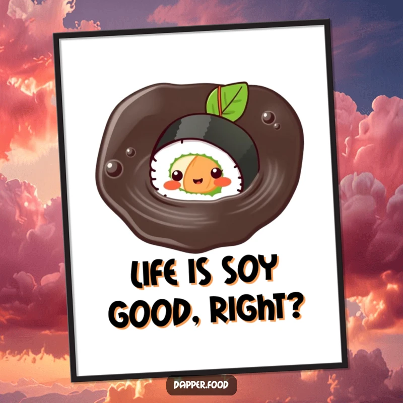 Funny Free Printable Wall Art: A content Kawaii sushi roll character happily swimming in a dark soy sauce puddle, bringing quirky charm.