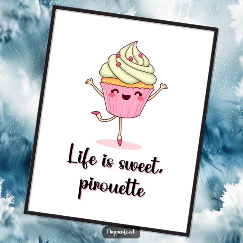 Funny Free Printable Wall Art: Cheerful Cupcake with Legs Performing a Ballet Pirouette, Whimsical Sweet Decor