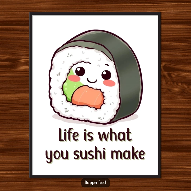 Funny Free Printable Wall Art: A cheerful sushi roll with a wide smile, playfully rolling across the space.