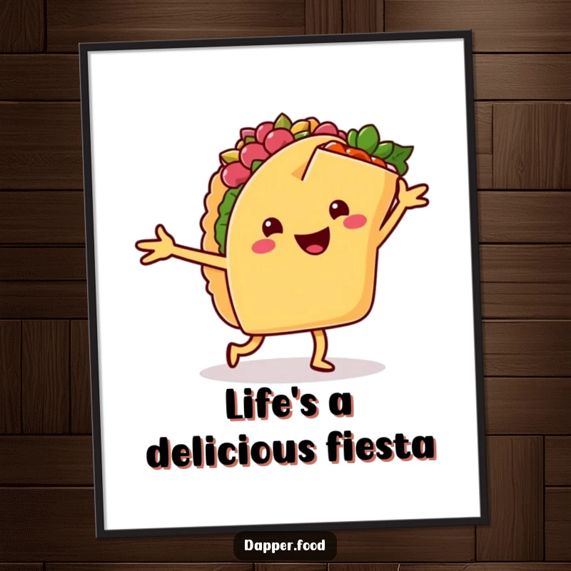 Funny Free Printable Wall Art: A happy taco and a cheerful burrito with arms engaged in a lively salsa dance.