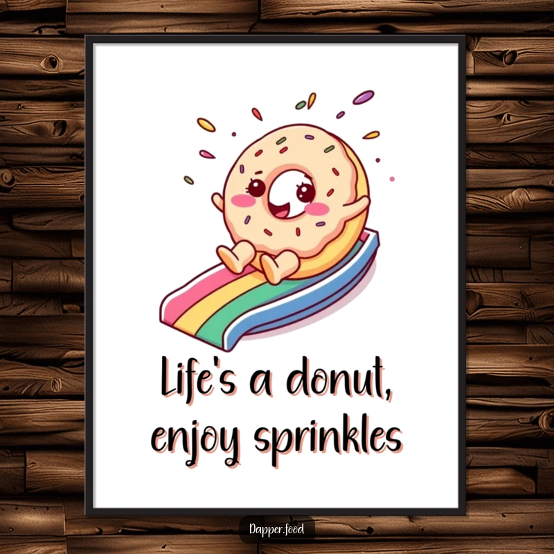 Funny free printable wall art featuring a cheerful donut character sliding down a rainbow with sprinkles flying.