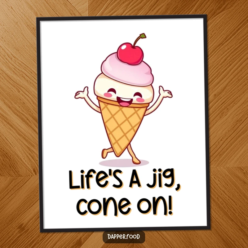 Funny Free Printable Wall Art: An anthropomorphic ice cream cone with a cherry doing a joyful jig.