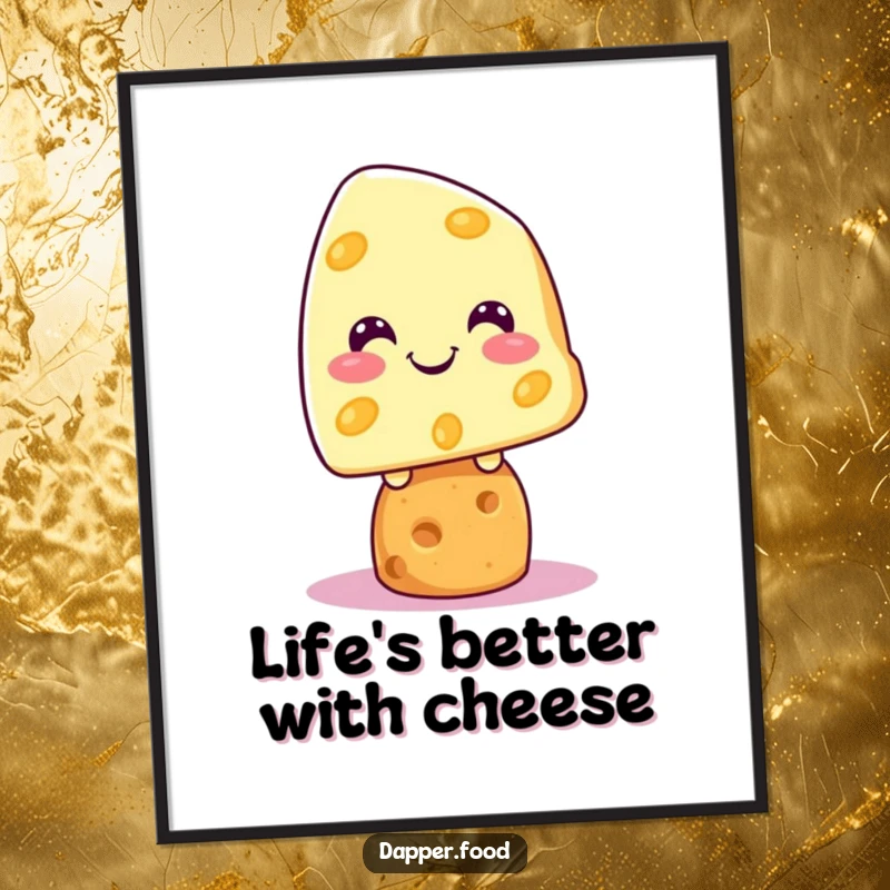 Funny Free Printable Wall Art: Grinning Kawaii cheese character balancing with flair on a cracker.