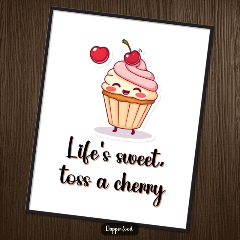 Funny Free Printable Wall Art: Blushing cupcake character playfully tossing a cherry, sweet and cheerful design.