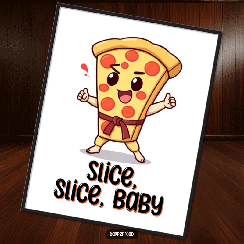 Funny Free Printable Wall Art: Enthusiastic Kawaii pizza slice character performing a dynamic karate chop.