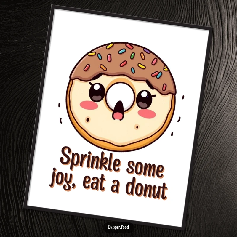 Funny Free Printable Wall Art: Surprised doughnut character with sprinkles raining down, cheerful and sweet design.