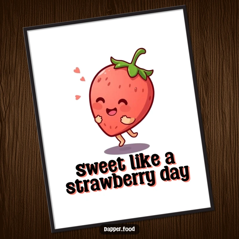 Funny Free Printable Wall Art: Giggling Kawaii strawberry character joyfully bouncing on its stem.